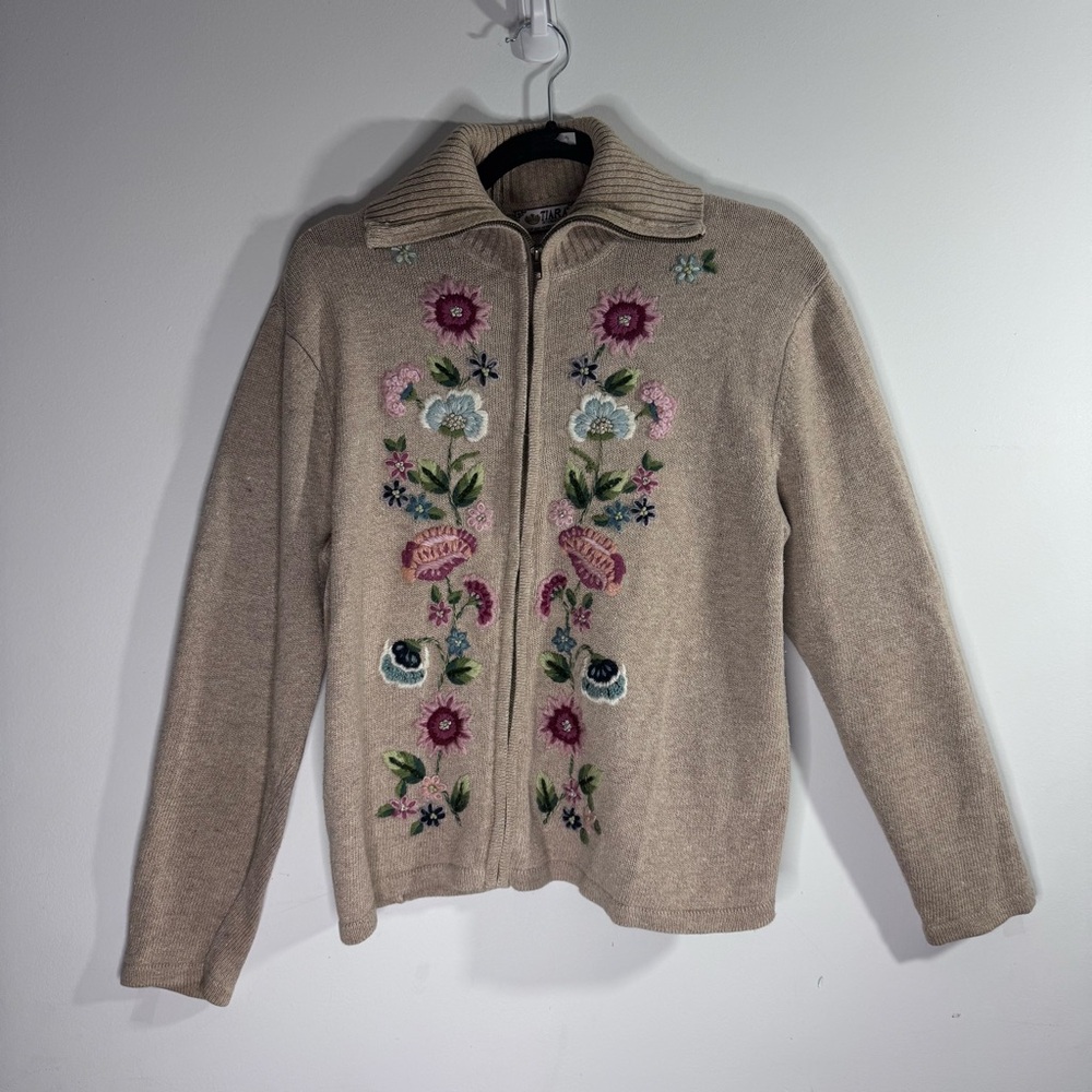 Vintage Tiara International Embroidered Floral Zip Cardigan Cottagecore Sweater